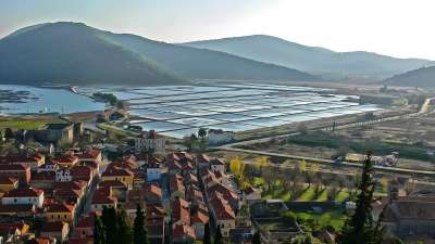 Panorama of Ston old town and salt pans